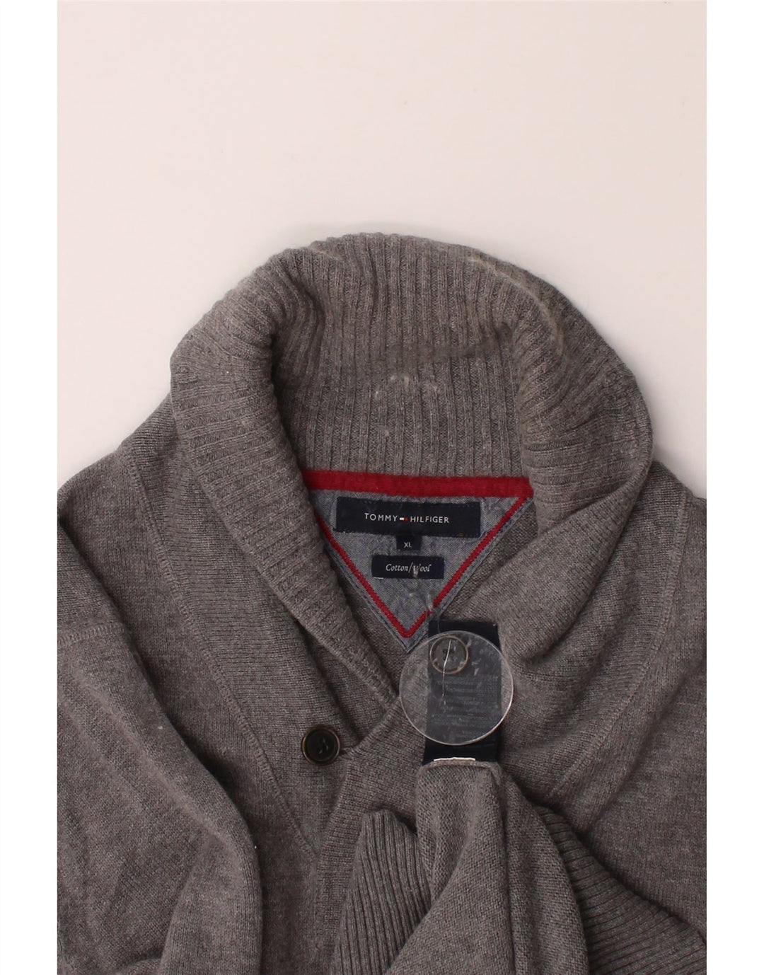TOMMY HILFIGER Mens Shawl Neck Jumper Sweater XL Grey Cotton Vintage Tommy Hilfiger and Second-Hand Tommy Hilfiger from Messina Hembry 