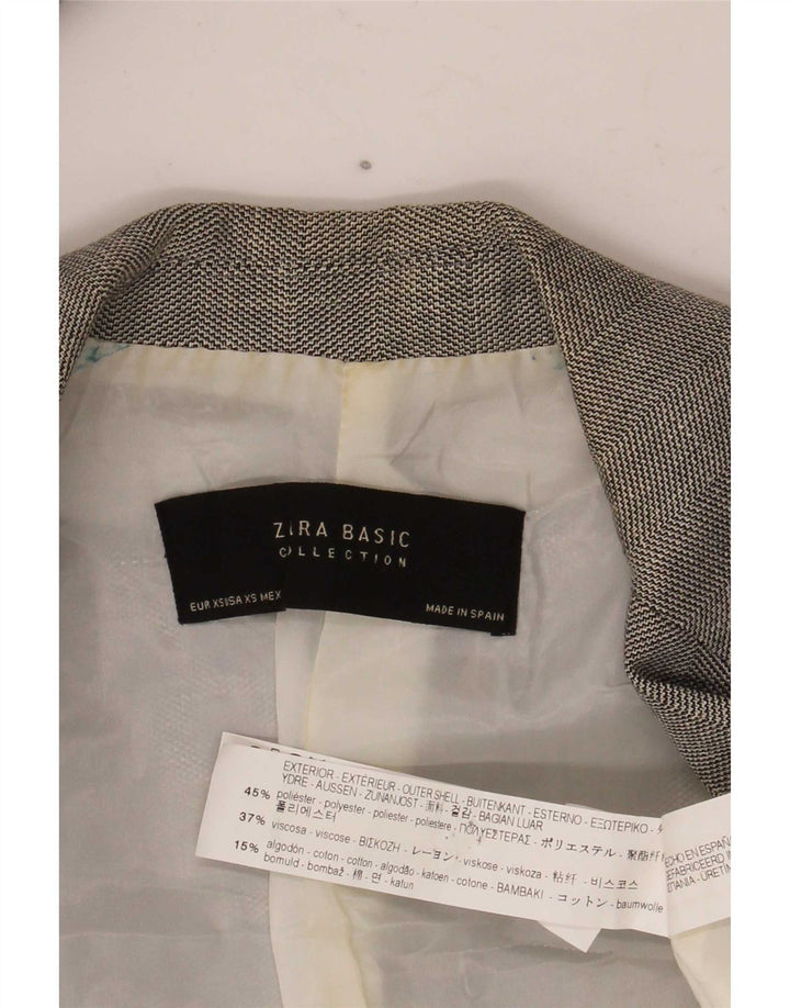 Zara Womens 1 Button Blazer Jacket UK 6 XS Grey Chevron Polyester