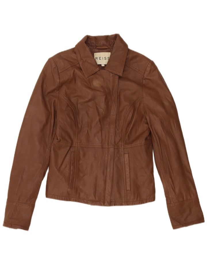 Reiss Womens Crop Leather Jacket UK 10 Small Brown Leather