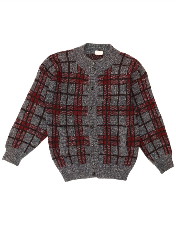 Vintage Mens Cardigan Sweater Medium Grey Plaid Acrylic