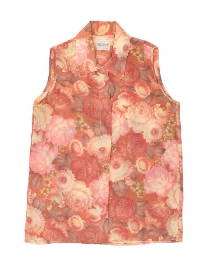 BENETTON Womens Sleeveless Shirt Blouse UK 12 Medium Pink Floral Polyester Vintage Benetton and Second-Hand Benetton from Messina Hembry 