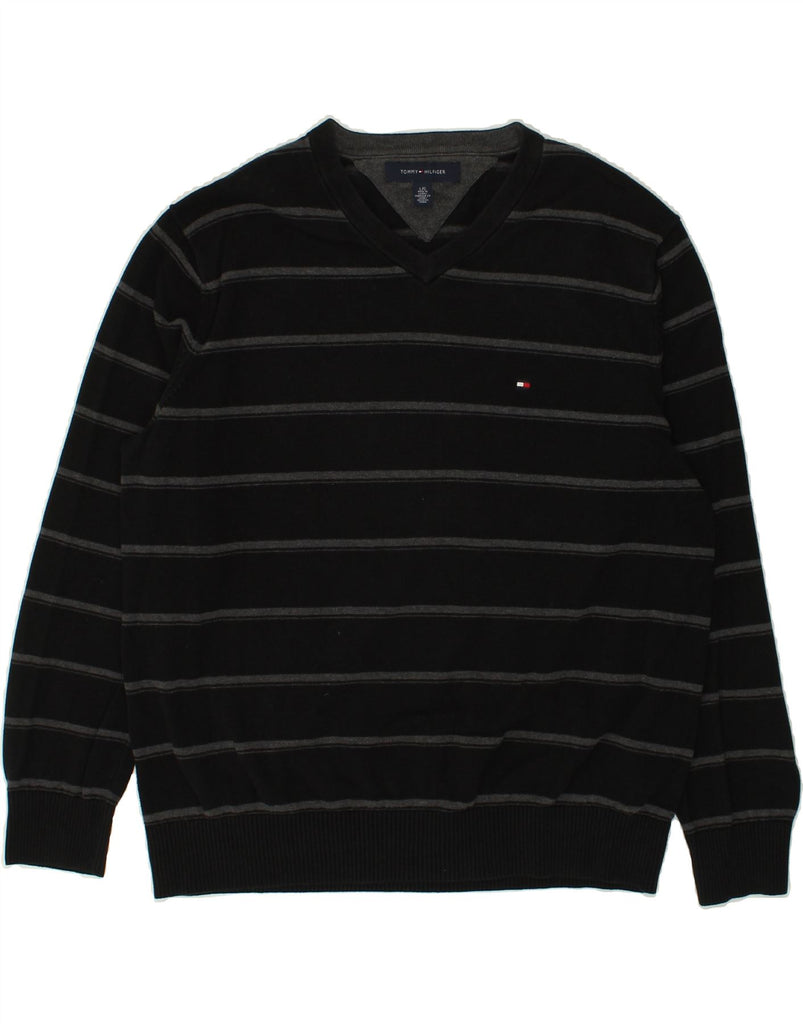 TOMMY HILFIGER Mens V-Neck Jumper Sweater Large Black Striped Cotton | Vintage Tommy Hilfiger | Thrift | Second-Hand Tommy Hilfiger | Used Clothing | Messina Hembry 