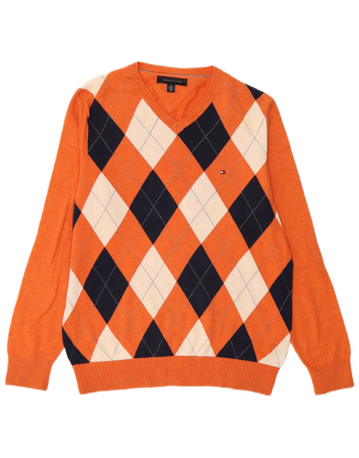 Tommy Hilfiger Mens V-Neck Jumper Sweater Medium Orange Argyle/Diamond