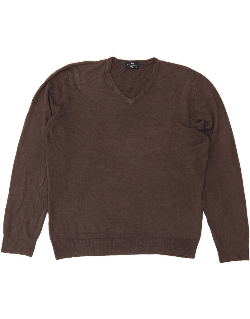 MARKS & SPENCER Mens Blue Harbour V-Neck Jumper Sweater XL Brown Acrylic Vintage Marks & Spencer and Second-Hand Marks & Spencer from Messina Hembry 