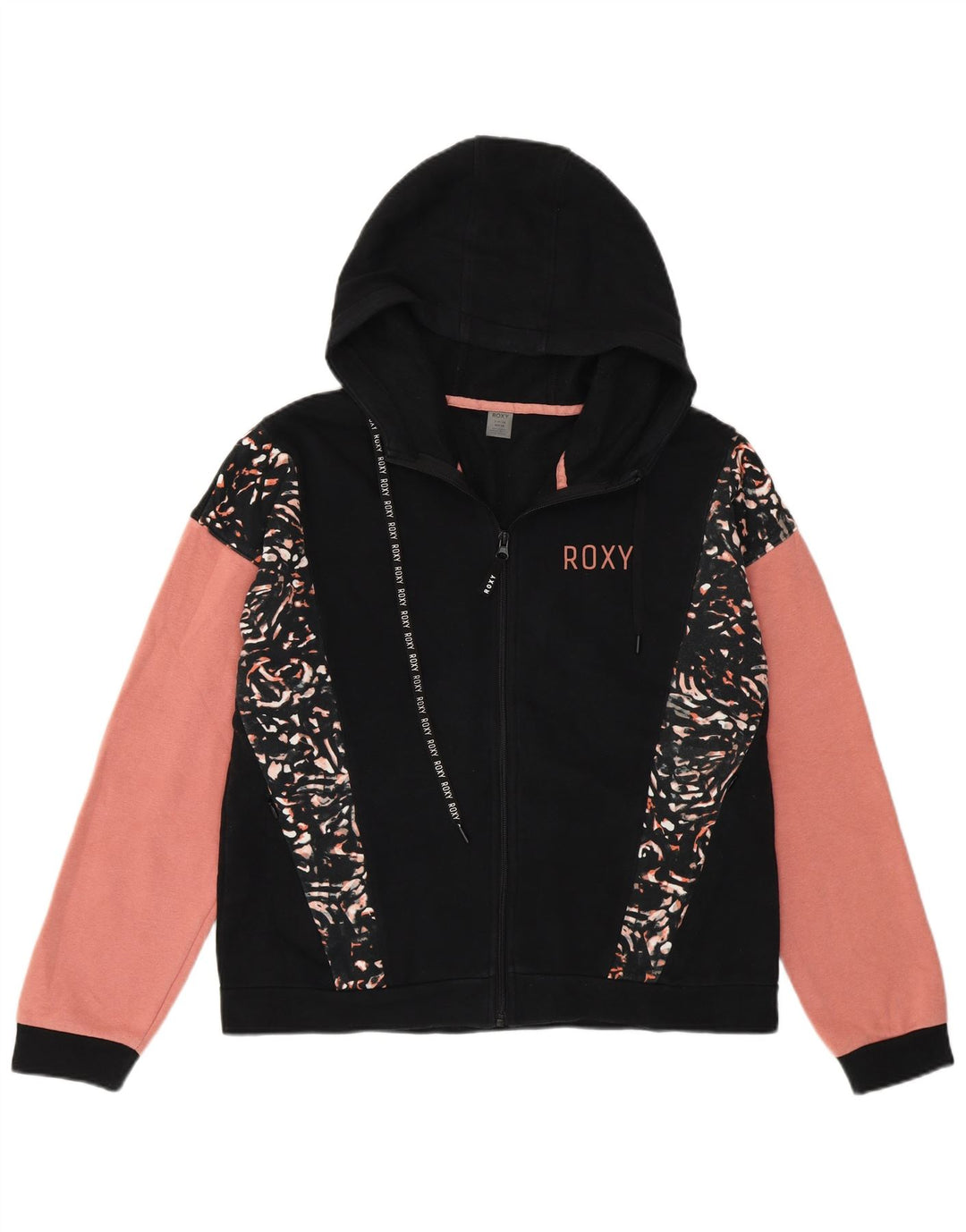 Roxy Womens Graphic Zip Hoodie Sweater UK 10 Small Black Colourblock