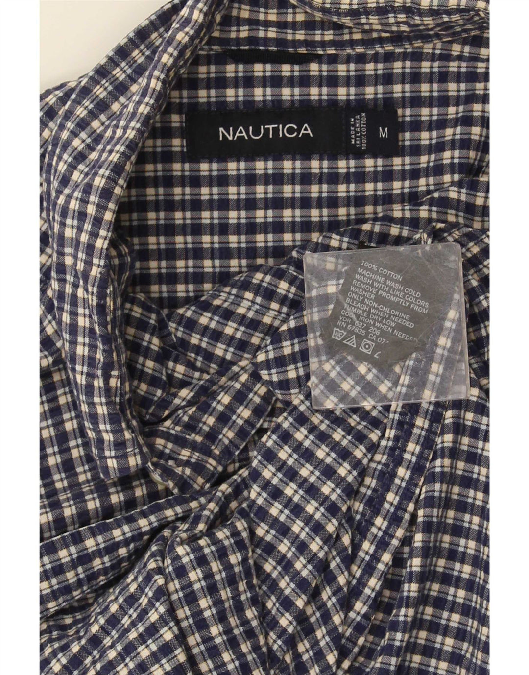 Nautica Mens Short Sleeve Shirt Medium Navy Blue Gingham Cotton