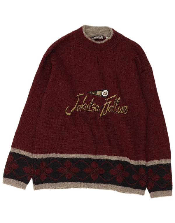 Ciao Mens Graphic Turtle Neck Jumper Sweater Small Burgundy Fair Isle Wool