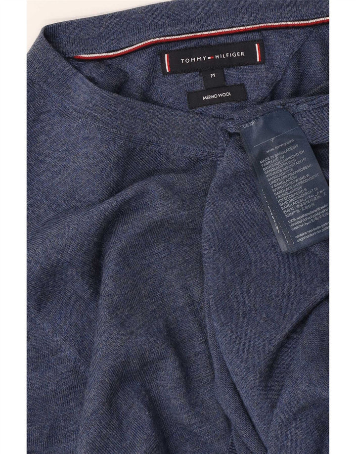 Tommy Hilfiger Mens V-Neck Jumper Sweater Medium Blue Merino Wool
