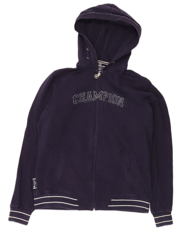 CHAMPION Womens Graphic Zip Hoodie Sweater UK 16 Large Navy Blue Cotton