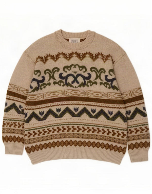 Vintage Mens Boat Neck Jumper Sweater Large Beige Fair Isle Wool