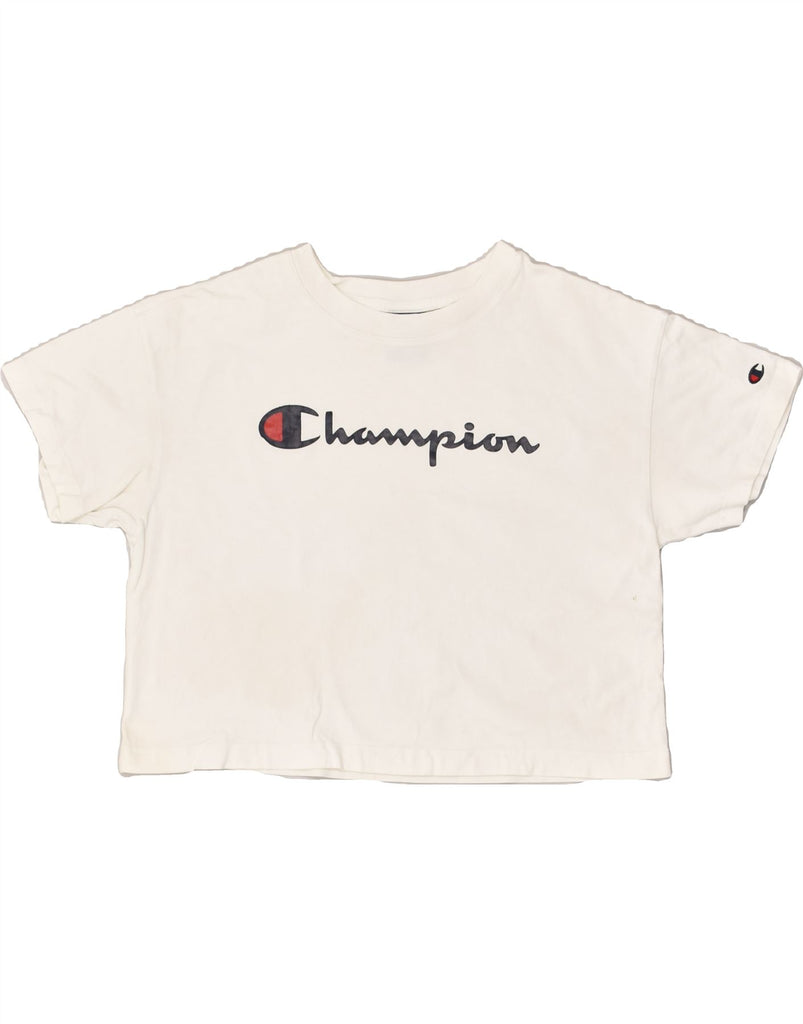 CHAMPION Womens Crop Graphic T-Shirt Top UK 10 Small White Cotton | Vintage Champion | Thrift | Second-Hand Champion | Used Clothing | Messina Hembry 