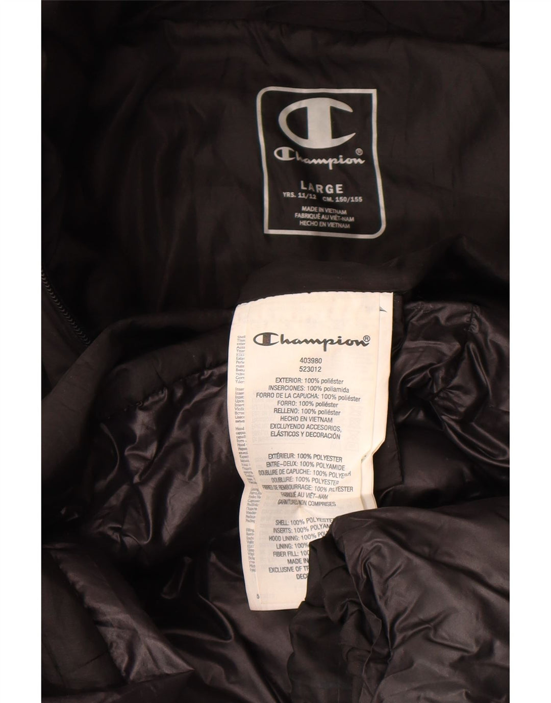 CHAMPION Girls Hooded Padded Coat 11-12 Years Large  Black Polyester