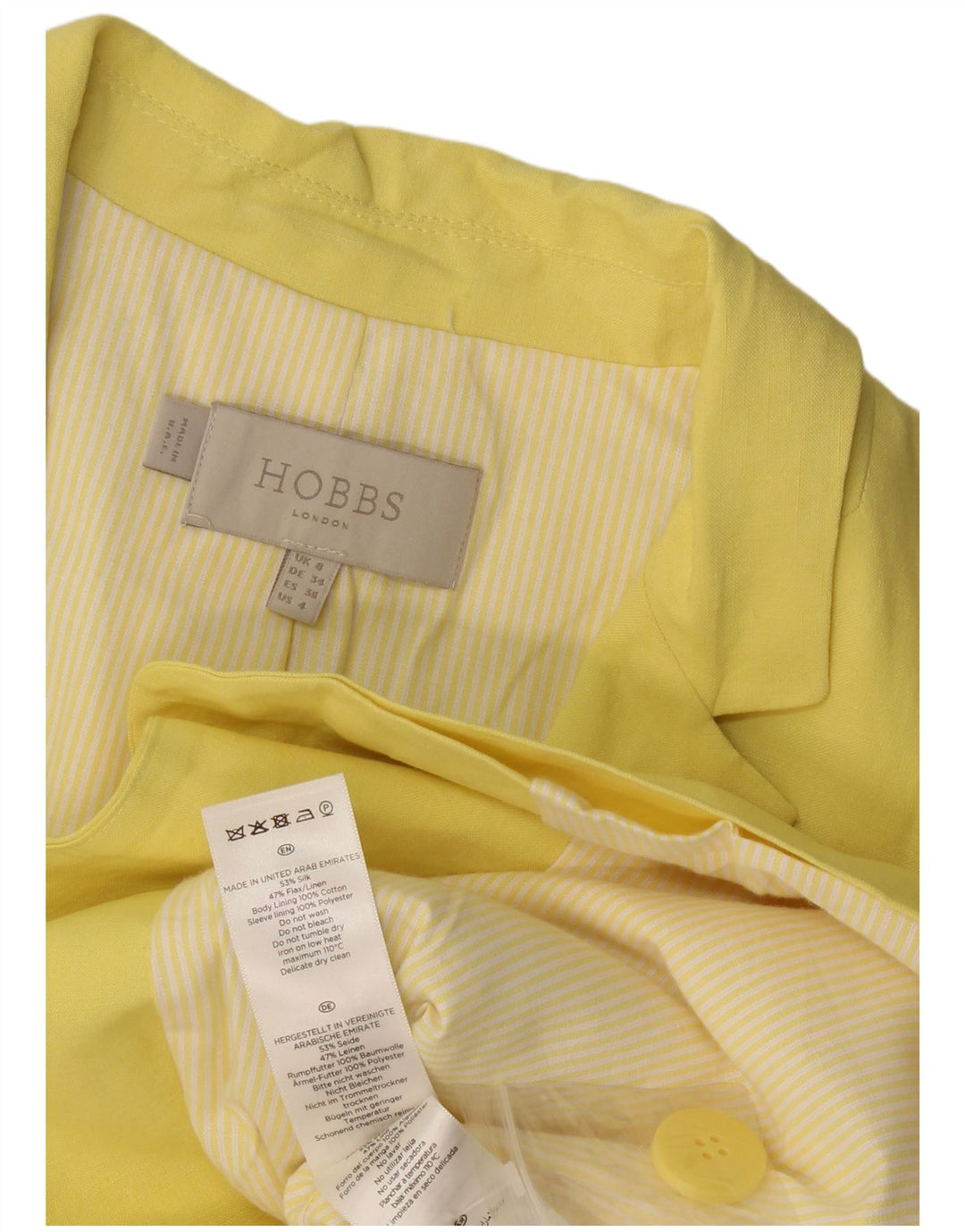 Hobbs Womens 1 Button Blazer Jacket UK 8 Small Yellow Silk