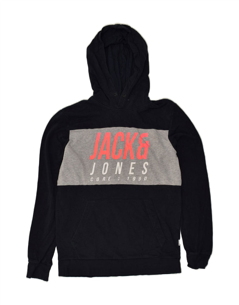 JACK & JONES Mens Graphic Hoodie Jumper Large Navy Blue Colourblock | Vintage Jack & Jones | Thrift | Second-Hand Jack & Jones | Used Clothing | Messina Hembry 