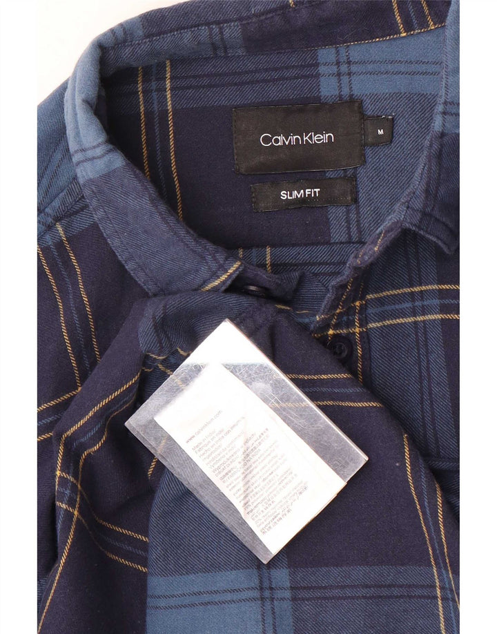 Calvin Klein Mens Slim Fit Flannel Shirt Medium Navy Blue Plaid Polyester