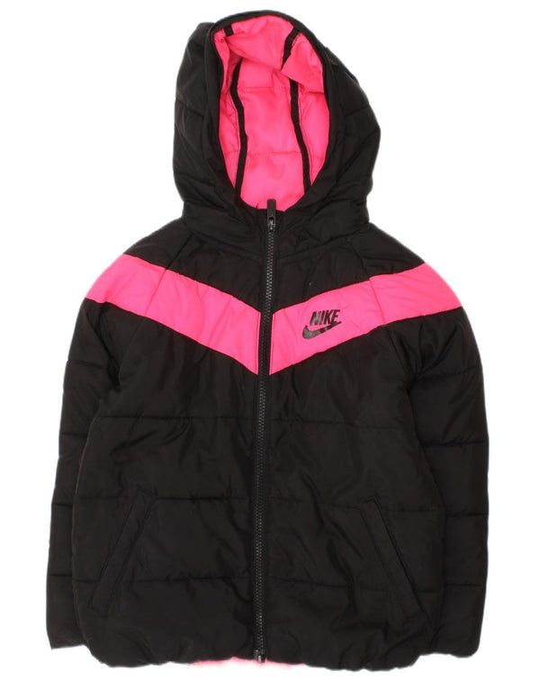 NIKE Girls Hooded Padded Jacket 5-6 Years Medium Black Colourblock