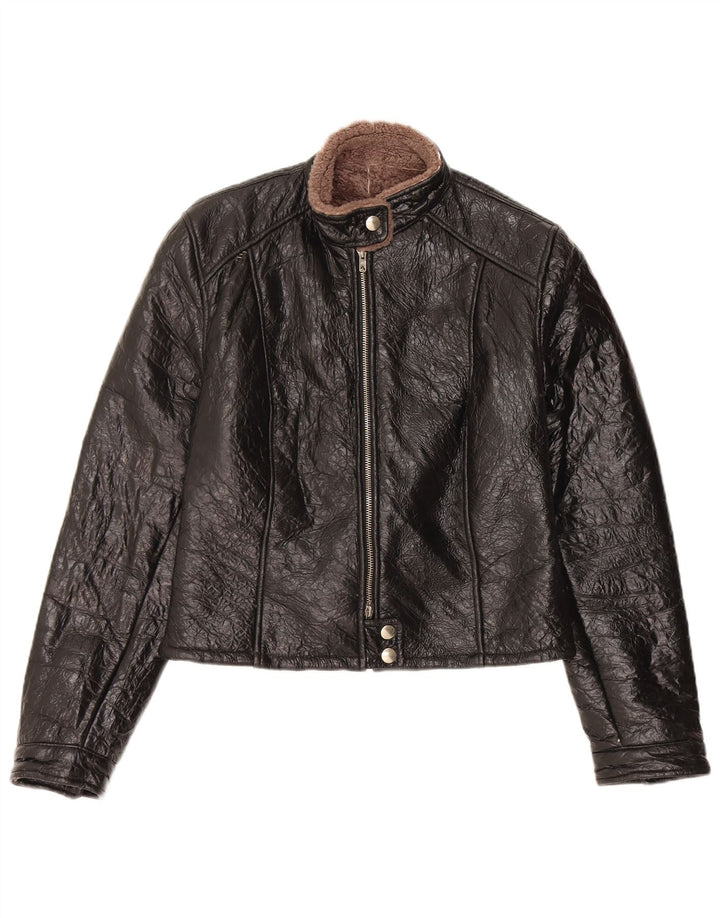 Vintage Womens Shearling Jacket UK 14 Medium Black Leather