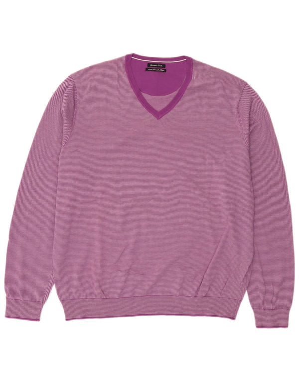 Massimo Dutti Mens V-Neck Jumper Sweater XL Purple Striped Cotton