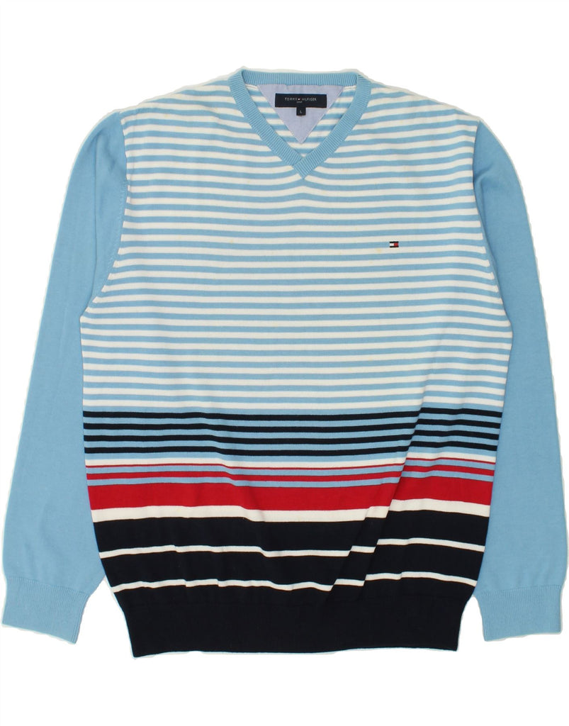 TOMMY HILFIGER Mens V-Neck Jumper Sweater Large Blue Striped Cotton | Vintage Tommy Hilfiger | Thrift | Second-Hand Tommy Hilfiger | Used Clothing | Messina Hembry 