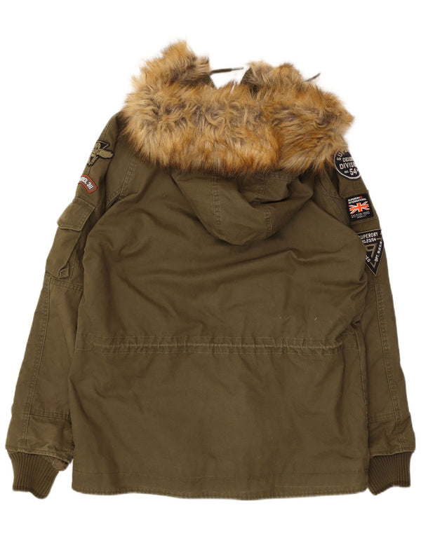 Superdry Mens Hooded Parka Jacket UK 38 Medium Khaki Cotton