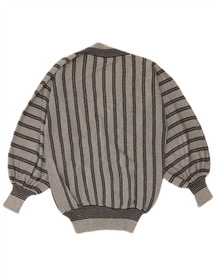 VINTAGE Womens V-Neck Jumper Sweater UK 12 Medium Grey Striped Synthetic