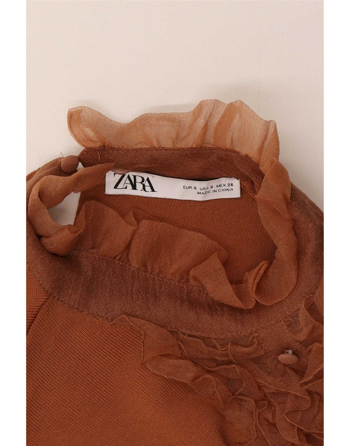 Zara Womens Ruffle Front Blouse Top UK 8 Small Brown Nylon