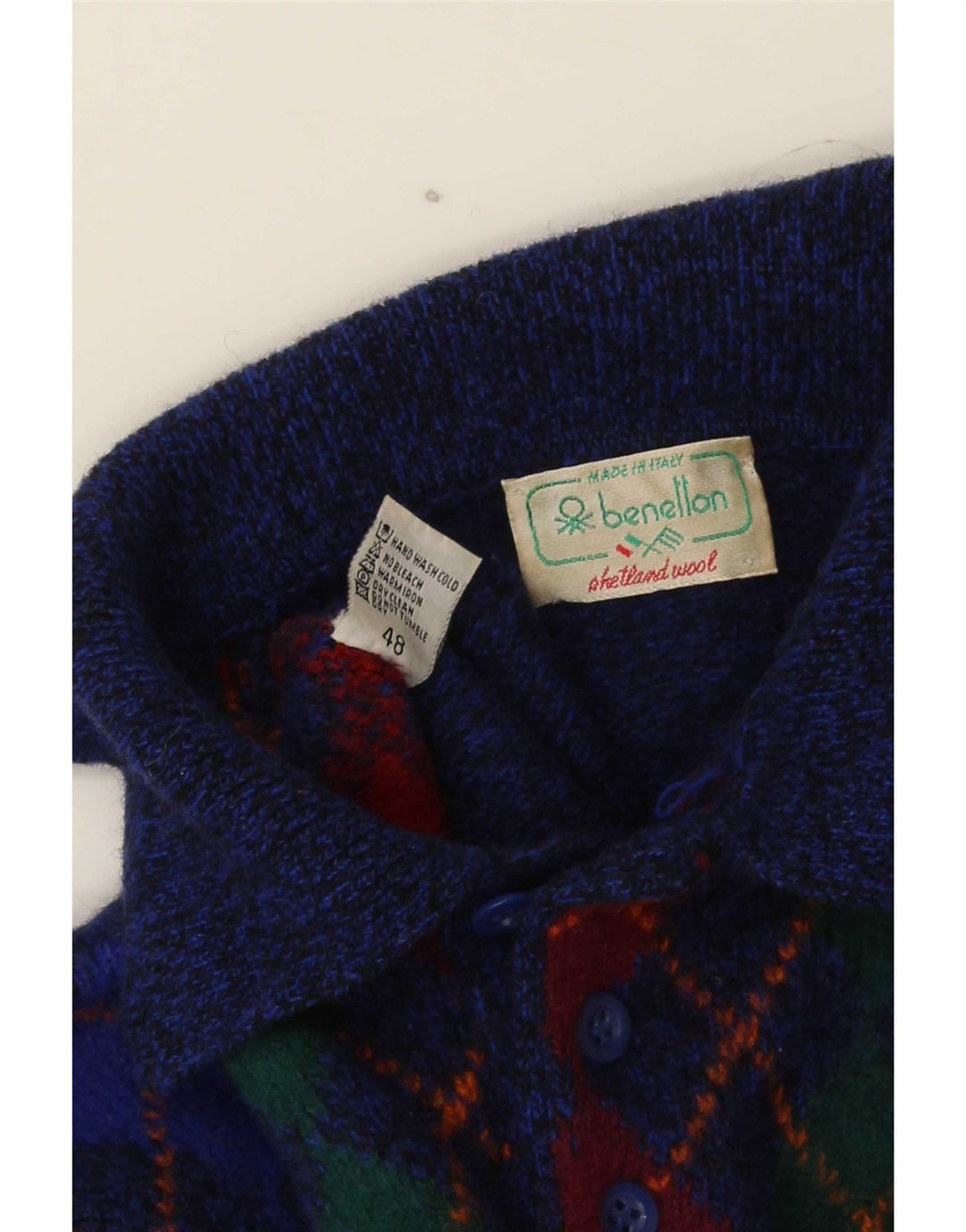 Benetton Mens Polo Neck Jumper Sweater IT 48 Small Blue Argyle/Diamond Wool