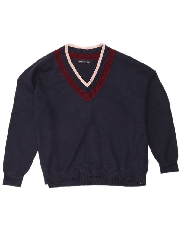 Marks & Spencer Womens V-Neck Jumper Sweater UK 18 XL Navy Blue Colourblock