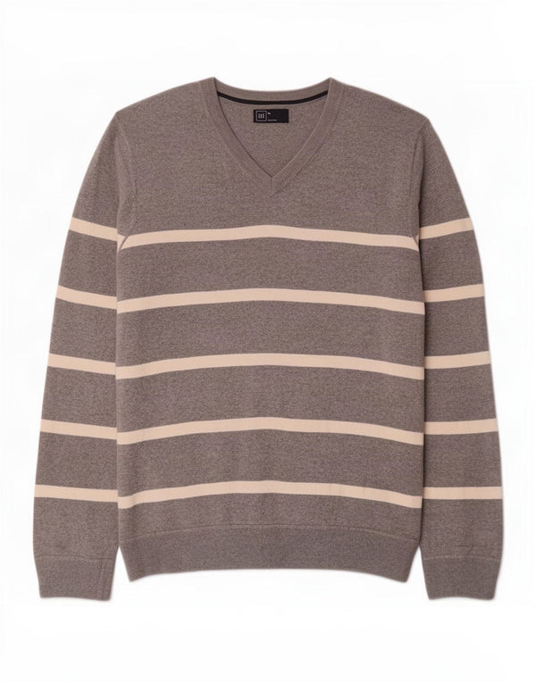 Gap Mens V-Neck Jumper Sweater XL Grey Striped Cotton