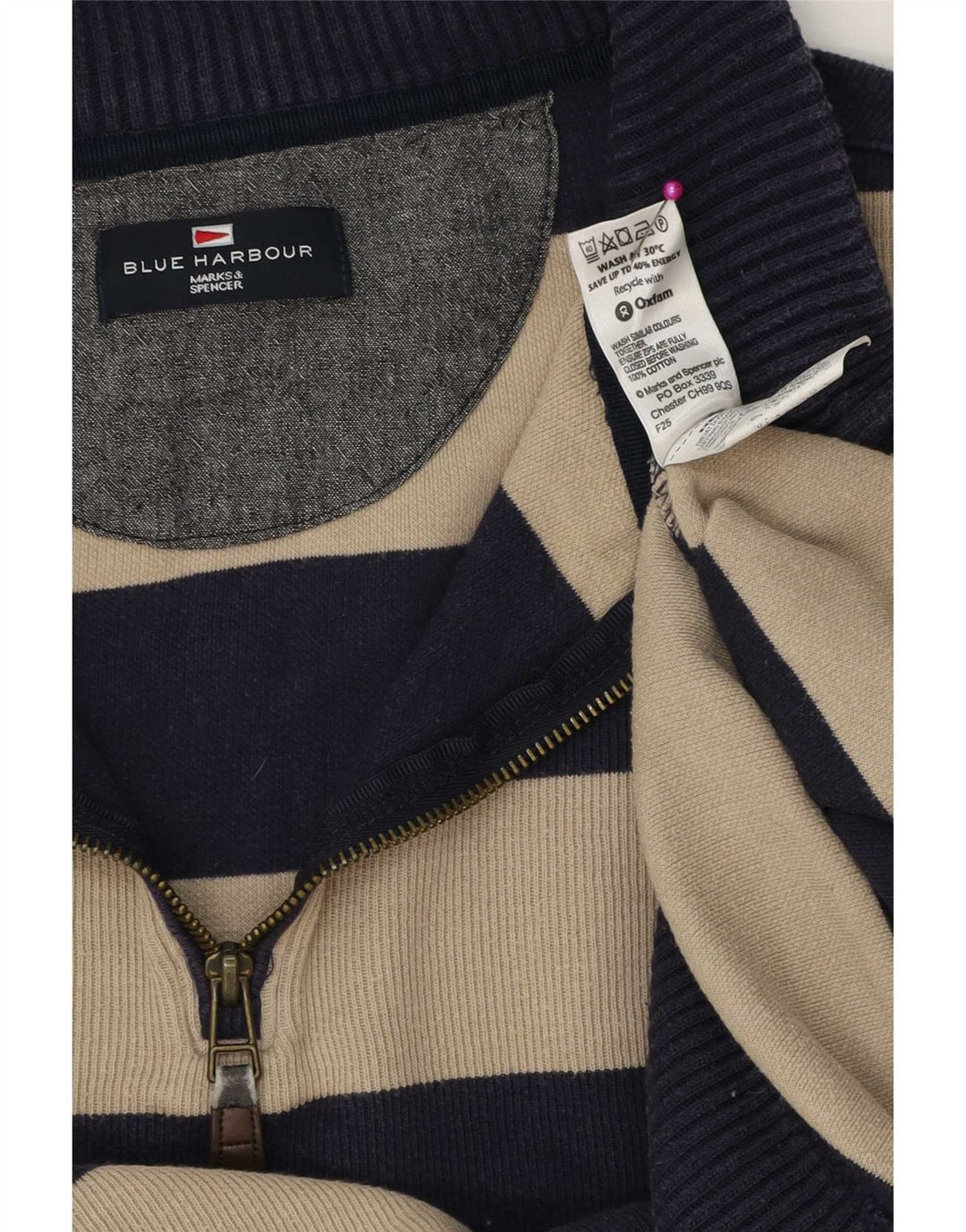 Marks & Spencer Mens Zip Neck Jumper Sweater Large Navy Blue Striped Cotton