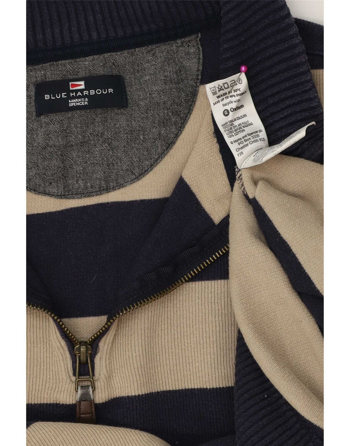 Marks & Spencer Mens Zip Neck Jumper Sweater Large Navy Blue Striped Cotton