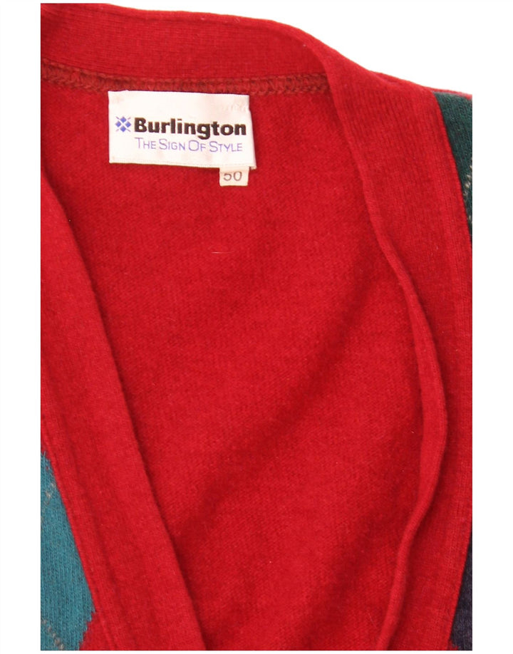 Burlington Mens Sleeveless Cardigan Sweater IT 50 Large Red Argyle/Diamond