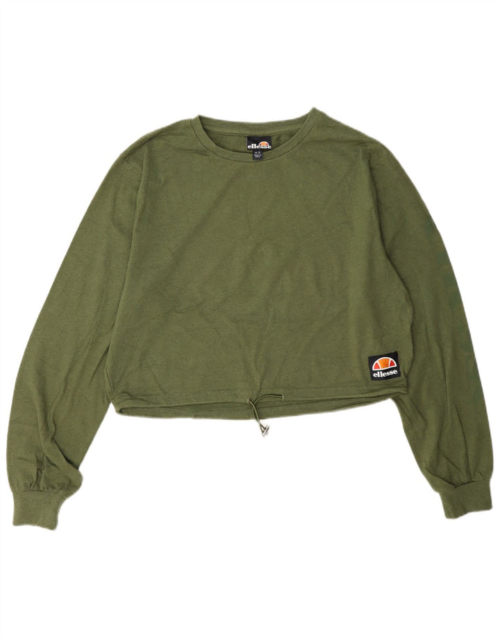 Ellesse Womens Crop Top Long Sleeve UK 12 Medium Green Cotton