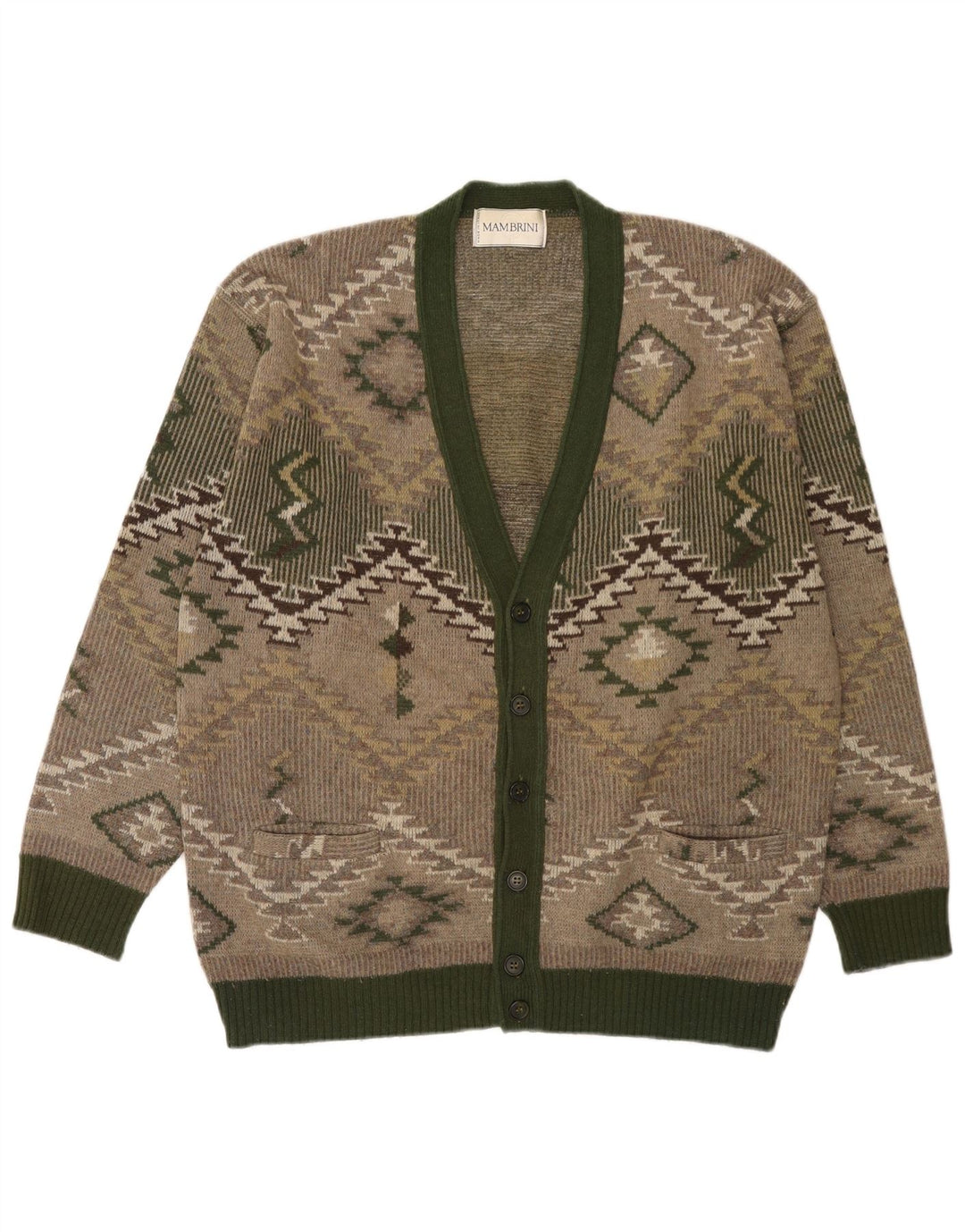 Vintage Mens Cardigan Sweater Large Green Geometric Wool