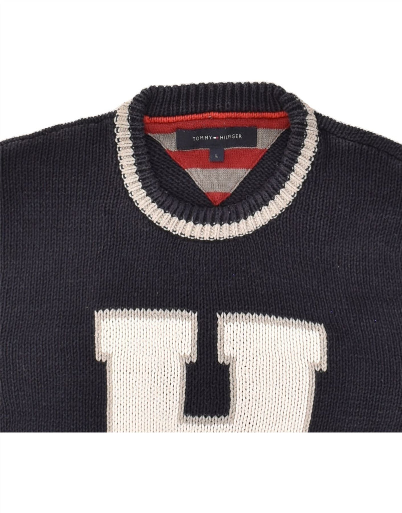 TOMMY HILFIGER Mens Graphic Crew Neck Jumper Sweater Large Navy Blue | Vintage Tommy Hilfiger | Thrift | Second-Hand Tommy Hilfiger | Used Clothing | Messina Hembry 