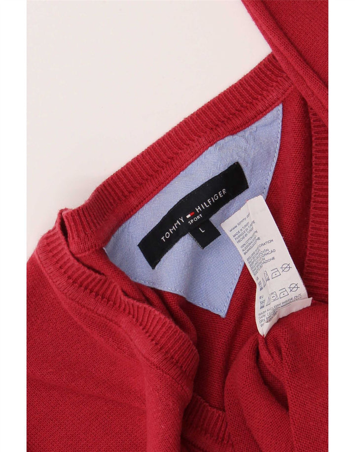 Tommy Hilfiger Mens V-Neck Jumper Sweater Large Red Cotton