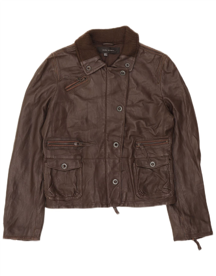 Zara Womens Leather Jacket UK 10 Small Brown Leather