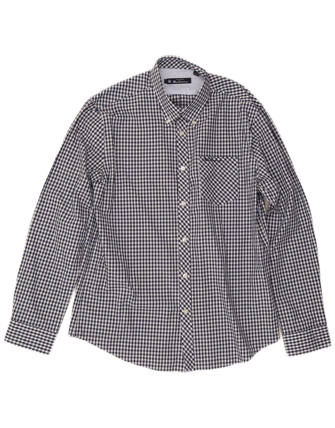 BEN SHERMAN Mens Shirt Large Navy Blue Gingham Cotton Classic