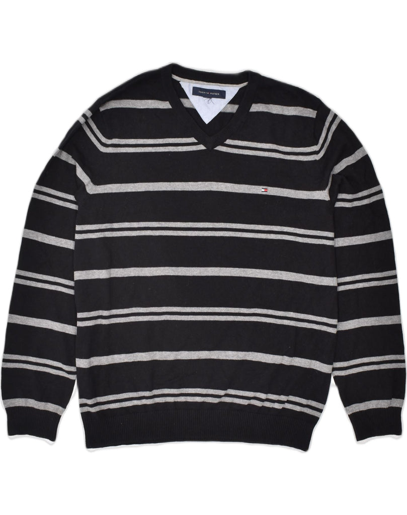 TOMMY HILFIGER Mens V-Neck Jumper Sweater Large Black Striped Cotton | Vintage Tommy Hilfiger | Thrift | Second-Hand Tommy Hilfiger | Used Clothing | Messina Hembry 