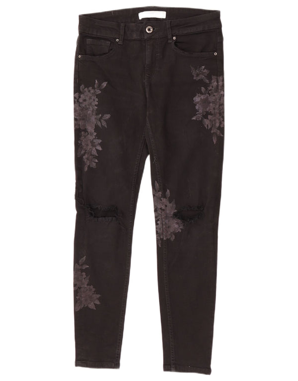 Zara Womens Graphic Distressed Skinny Jeans EU 36 XS W26 L26 Black Floral