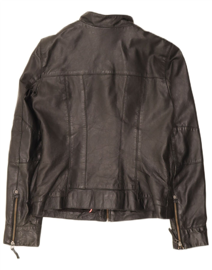 S.Oliver Womens Leather Biker Jacket UK 10 Small Black Lambskin