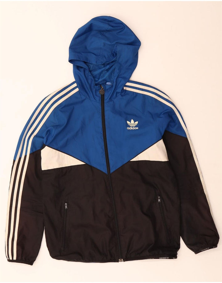 Adidas Boys Hooded Rain Jacket 13-14 Years Blue Colourblock Polyester