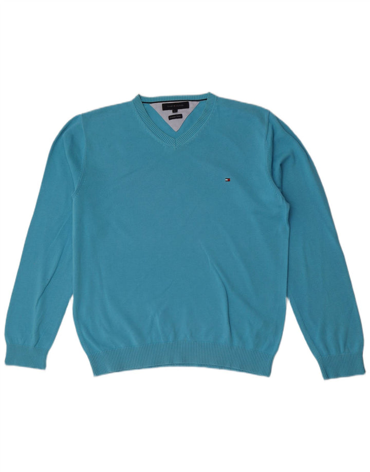 Tommy Hilfiger Mens V-Neck Jumper Sweater Large Blue Cotton