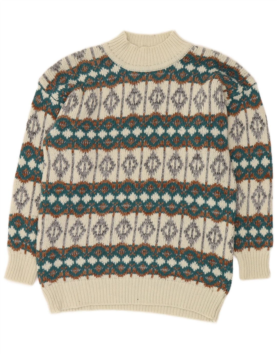VINTAGE Mens Turtle Neck Jumper Sweater Medium White Fair Isle