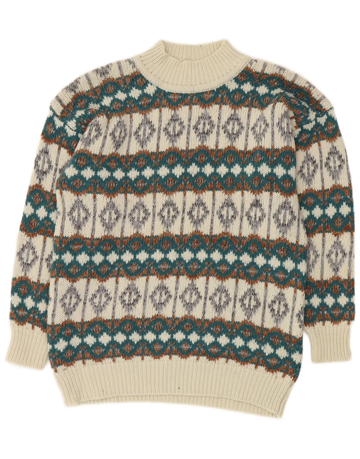 VINTAGE Mens Turtle Neck Jumper Sweater Medium White Fair Isle