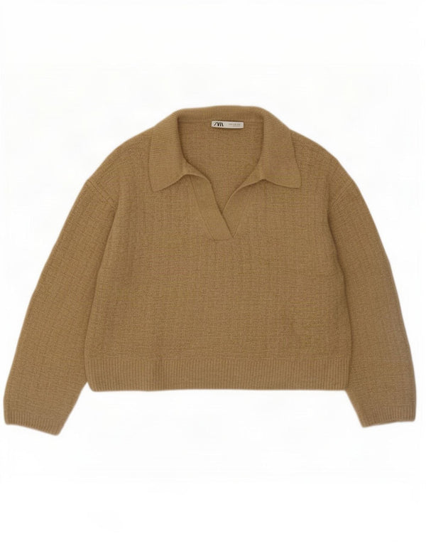 Zara Womens Loose Fit Crop Polo Neck Jumper Sweater UK 14 Medium Khaki