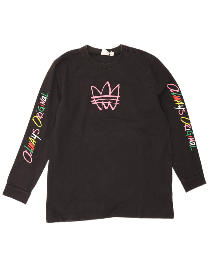 Adidas Womens Graphic Top Long Sleeve UK 14 Medium Black Cotton