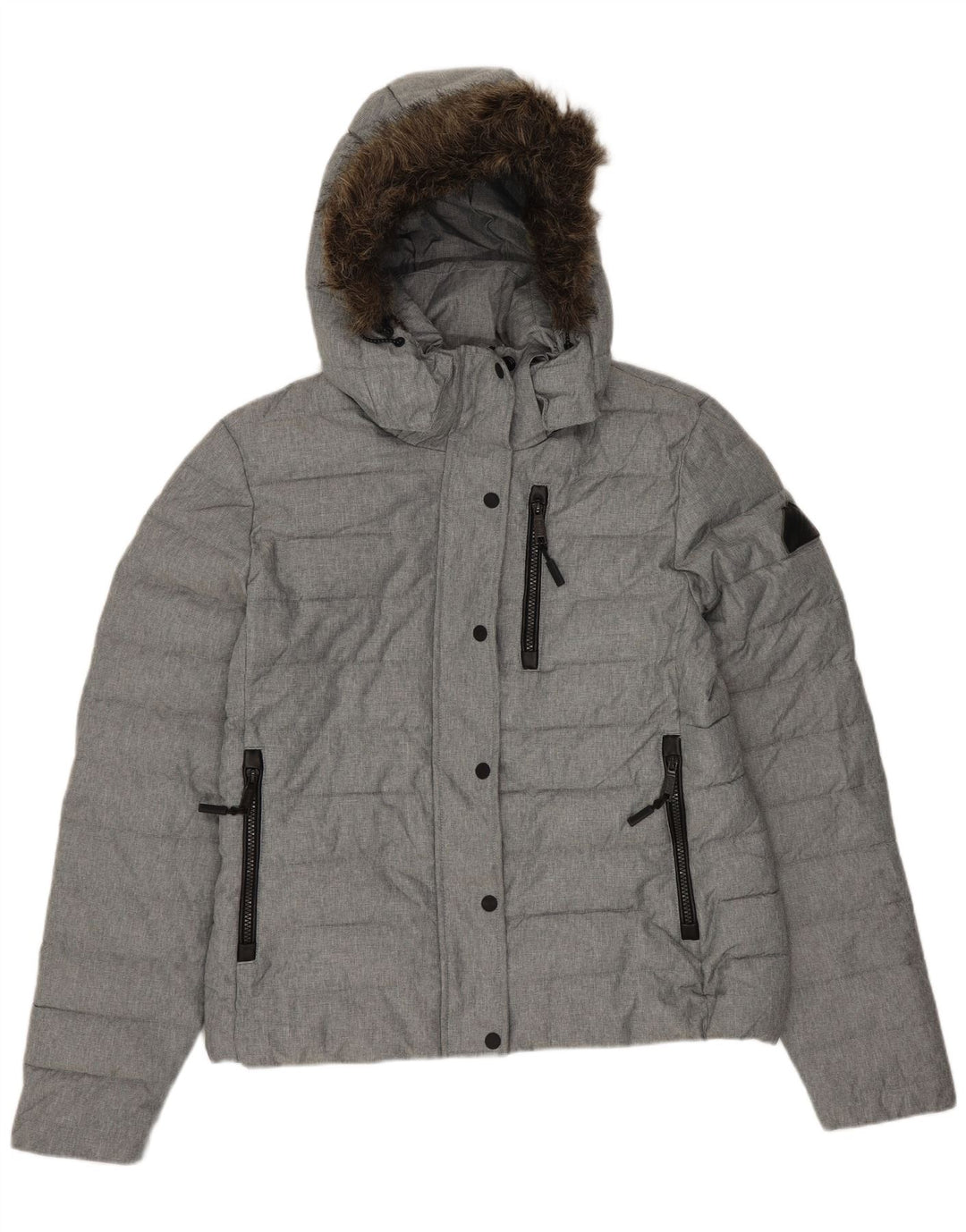 SUPERDRY Womens Hooded Padded Jacket UK 14 Large Grey Polyester