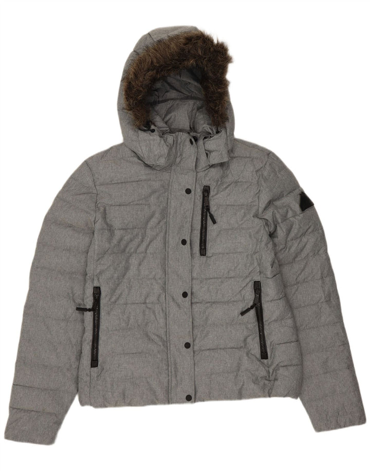 SUPERDRY Womens Hooded Padded Jacket UK 14 Large Grey Polyester