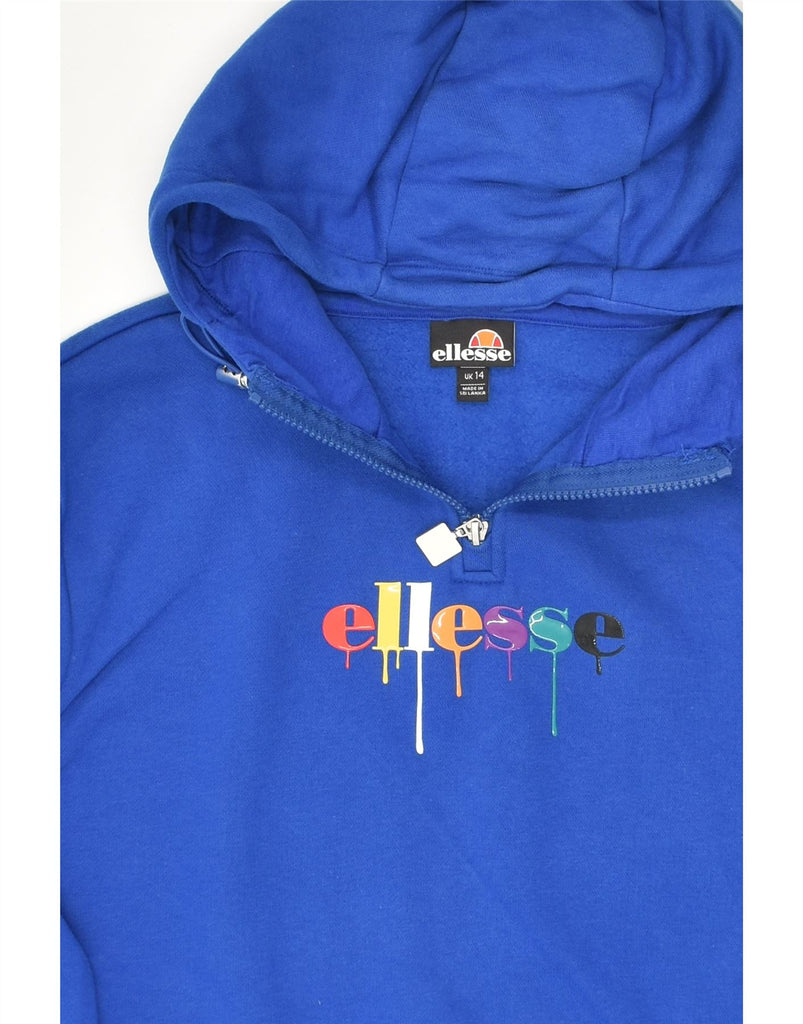 ELLESSE Womens Graphic Zip Neck Hoodie Jumper UK 14 Medium Blue Cotton | Vintage Ellesse | Thrift | Second-Hand Ellesse | Used Clothing | Messina Hembry 